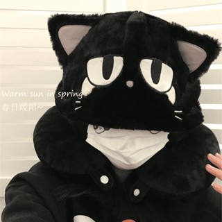 🔆卡通可愛黑貓u型枕帶帽子秋冬新款保暖頸椎枕頭旅行飛機支撐頭枕
