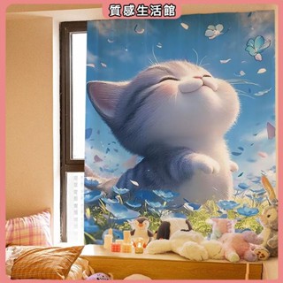 遮光窗簾 魔鬼氈窗簾 ins風可愛油畫小貓咪魔鬼氈窗簾簡易小窗簾免打孔安裝遮陽布自粘 窗簾 門簾 布簾