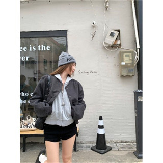 【Puffkten】美式復古短版灰色外套女 棒球服外套 韓版短版上衣 短板 長袖上衣