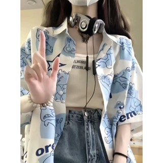 精緻女人生活館💄美式卡通印花短袖襯衣女夏季中長款寬鬆顯瘦學院風襯衫外套防曬衣