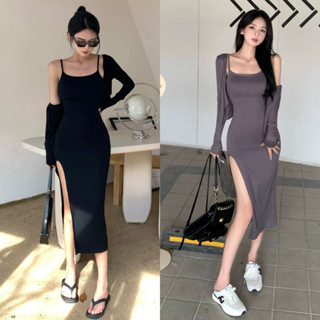 【免運24-H】套裝 Ins美式短版披肩外套辣妹露背開衩吊帶裙性感長裙洋裝兩件式套裝大尺碼女裝 10626/低價