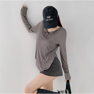 超舒適~歐美慵懶風弧形下襬女生長袖寬鬆上衣 純欲風薄款防曬衫白色長袖T恤 休閒防曬跳舞街舞舞蹈上衣 打底衫 居家服係扣半