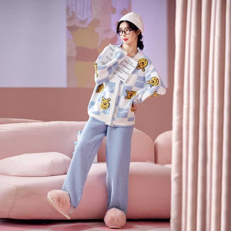 🔥台灣發貨🔥宮蝶迪士尼秋冬睡衣女珊瑚絨保暖家居服加絨加厚半邊絨開衫兩件套