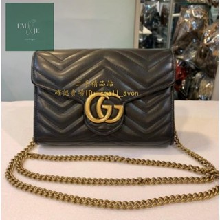 二手 GUCCI Marmont WOC 黑色 牛皮 人字紋 鏈條包 肩揹包 474575 16卡 紅色