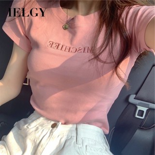 IELGY 夏季新款韓版字母刺繡緊身短袖T恤女學生上衣
