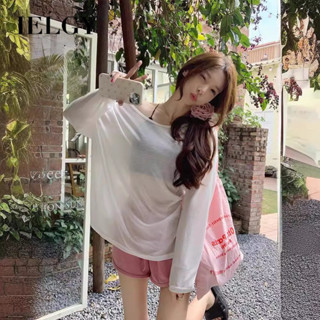 IELGY 露背純色防曬t恤女寬鬆休閒薄襯衫上衣
