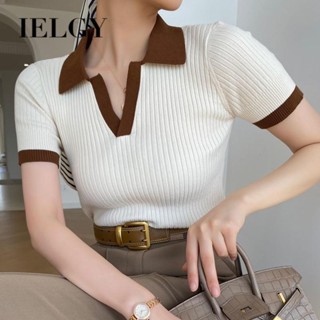 IELGY 法式高階氣質polo衫女撞色v領短袖拼色上衣修身針織毛衣