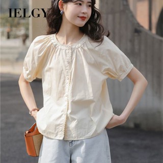 IELGY 法式複古短袖襯衫女夏季新款清新蕾絲上衣設計小眾襯衫