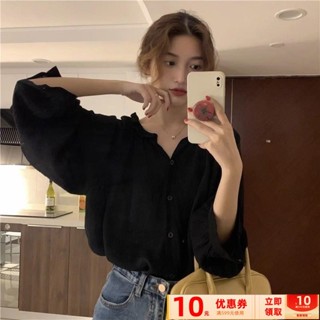 【免❤運】V領襯衫女秋季2025新款韓版寬鬆百搭素色木耳邊復古顯瘦長袖上衣