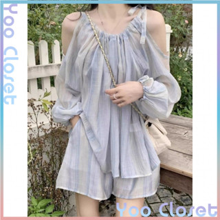 Yoo Closet|夏天套裝 2件式套裝 法式慵懶風露肩長袖防曬上衣短褲兩件套 寬鬆遮肚顯瘦女套裝 小香風女裝 套裝女