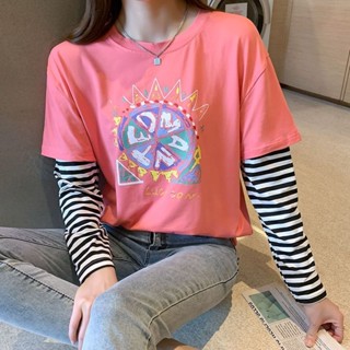 中長款假兩件長袖T恤女秋季新款學生ins印花上衣韓版寬鬆顯瘦秋天女裝