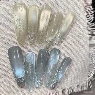 👑加一限時秒殺💥【藍綠CP】氣質國風高級清新竹子貓眼爆閃顯白純手工可拆卸穿戴甲穿戴甲 VYEH