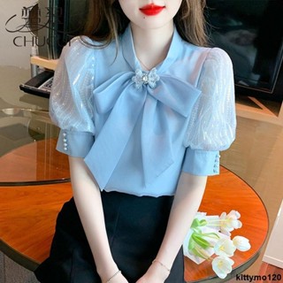 🔥 襯衫 短袖 雪紡短袖襯衫女士夏季減齡洋氣小衫2024新款爆款T恤衫泡泡袖上衣