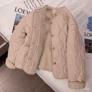 粉色羊羔絨棉衣女2024年冬季新款韓版加厚圓領羊羔毛外套棉服棉襖