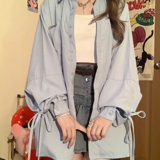 開衫 襯衫 女生上衣 藍色長袖 襯衫女 早秋薄款開衫外搭設計感防曬 外套女 大尺碼上衣 長袖襯衫 薄外套 長袖女 女上衣