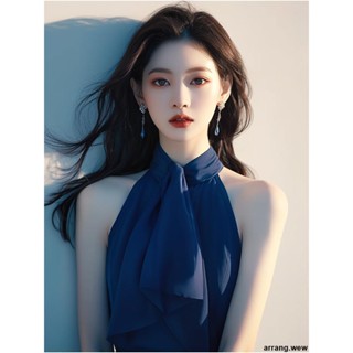 女生背心 無袖 藍色掛脖上衣輕熟法式小眾別致漂亮小衫冷淡系高級感氣質襯衫女夏