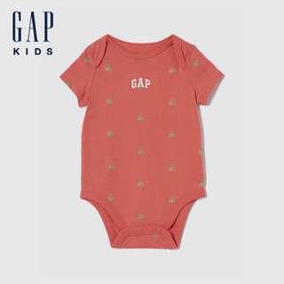 Gap 嬰兒裝 Logo純棉小熊刺繡/印花圓領短袖包屁衣-西瓜紅(738656)