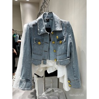 💛限時下殺💛2025春裝新品歐貨個性金扣短款牛仔外套 女修身洋氣POLO領牛仔上衣 大碼外套 大碼上衣 牛仔上衣外套