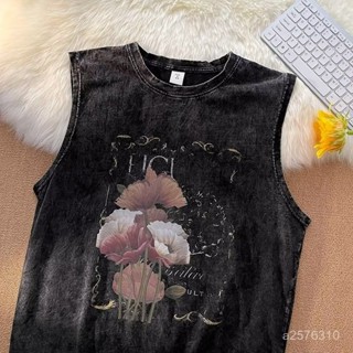 爆款熱賣❤美式複古做舊水洗背心男女港風ins高街潮牌運動闇黑無袖坎肩t恤潮 JVHA