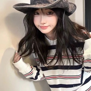 早秋長袖衛衣女2024新款秋季薄款寬鬆內搭打底衫條紋T恤圓領上衣