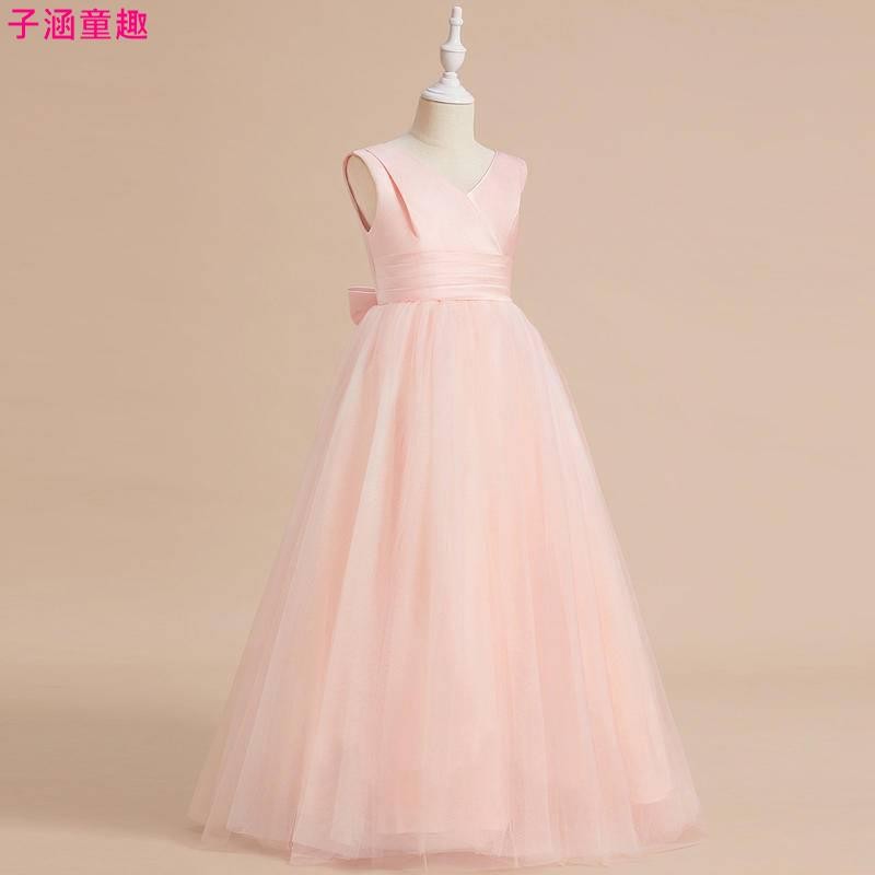 🍓子涵童趣🍓女大童演出服 國中畢業典禮洋裝 粉色長款紗裙 喜宴花童晚禮服 小提琴演奏鋼琴演出禮服 生日派對洋裝 節