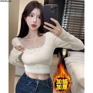 七喜服裝～純欲蕾絲打底衫女內搭秋冬新款刷毛加厚通勤百搭緊身顯瘦短版上衣