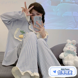🎶小鈴音Isletune🔔推薦🔔日係格子睡衣女春秋新款甜美花邊長袖長褲學生秋天外穿家居服套裝