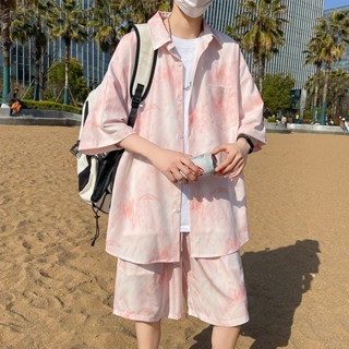 臺灣出貨夏季冰絲花襯衫套裝男潮流寬鬆襯衣短褲夏威夷沙灘海邊度假兩件套韓係穿搭 韓係套裝 潮流套裝 夏天套裝 日係穿搭