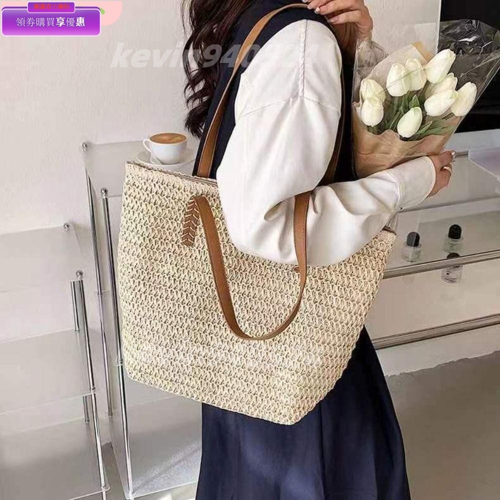 沙灘包,波西米亞風格大容量編織草手提袋,時尚方塊手提包拉鍊拉菲草肩包海灘