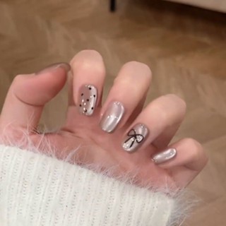 🎀臺灣出貨🎀 赫本貓眼波點穿戴甲新款玻璃珠蝴蝶結美甲ins溫柔指甲顯白