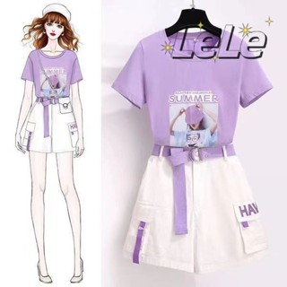 【LELE】套裝女夏新款小個子氣質洋氣減齡女生夏季時尚短褲T恤兩件套 兩件套 套裝女 套裝 上衣