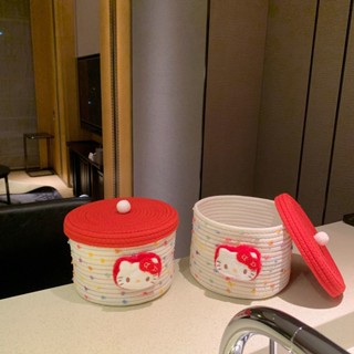 [臺灣出貨]]hellokitty棉繩收納籃桌麵收納盒帶蓋彩點收納筐收納盒創意收納筐 家用收納筐 零食桶 桌上收納 分類