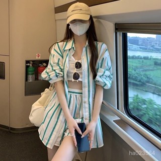 甜辣酷 條紋套裝 女生夏裝 薄款 寬鬆 長袖上衣 防曬衫 闊腿短褲 兩件套 韓版套裝[MM]
