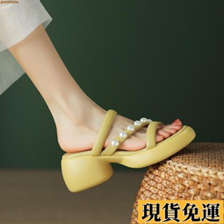 💞低價免運💞粗跟軟皮外穿涼鞋女2025年新款厚底珍珠百搭夏季拖鞋時尚增高女鞋