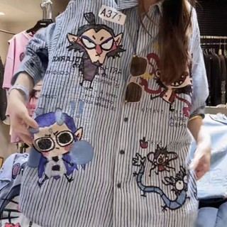 WeiWei微韓女裝 哪吒卡通印花條紋襯衣 襯衫外套 女裝 疊穿外穿襯衫 遮肉上衣 寬鬆襯衫 情侶裝 長袖襯衫