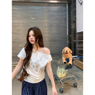 【PING'S🌞】純棉 親膚 透氣 露肩 斜肩 短袖 T恤 女裝 夏 新款 印花 一字肩 上衣