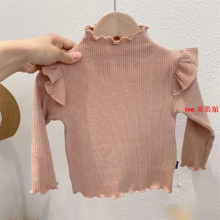tee 女童上衣 兒童打底衫 寶寶上衣 女童長袖 女童木耳邊半高領德絨打底衫2023春秋小女孩薄款彈力長袖T恤外穿