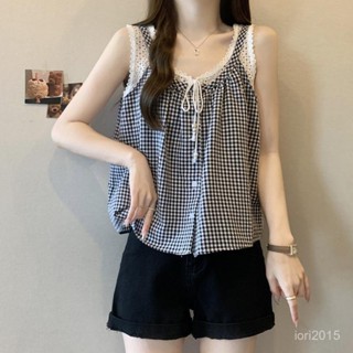 VOVA本鋪 法式別緻蕾絲邊拚接吊帶小衫女夏大碼女裝胖mm假兩件背心無袖格子上衣