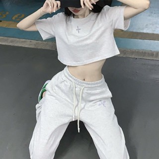 休閒套裝女 運動套裝 短袖女生 休閒T恤 休閒長褲 韓版兩件套 ins網紅反光休閒運動套裝春夏季新款小個子酷女孩兩件套潮