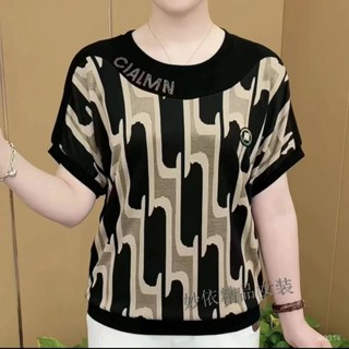 🔥48H出貨 媽媽裝 短袖上衣 大尺碼 棉質T恤 短袖t恤女裝 圓領百搭上衣 洋氣媽媽寬鬆上衣 顯瘦中老年媽媽裝上衣