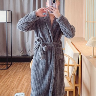 毛絨睡袍男款秋冬珊瑚絨加厚保暖長毛法蘭絨睡衣家居服晨袍中長款