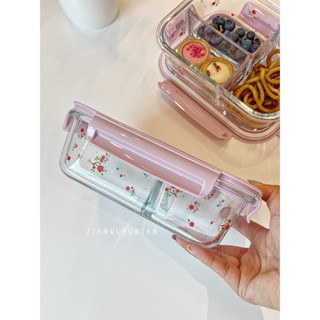 【新品推薦】2Fins小碎花可微波爐密封玻璃保鮮盒分格帶蓋碗水果野餐飯盒便當