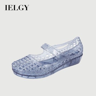 IELGY 新款鏤空透明水晶鞋頭涼鞋女夏季媽媽時尚休閒坡跟鞋
