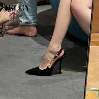 IELGY 歐美尖頭細高跟女真皮宴會金屬一扣鞋頭涼鞋