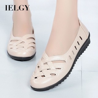 IELGY 夏季簡約純色涼鞋莫卡辛女平跟防滑鏤空透氣媽媽