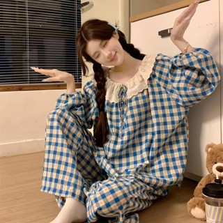 夏季新款睡衣 可愛睡衣 家居服 透氣睡衣公主風蕾絲花邊長袖長褲睡衣女可愛少女休閒雲朵棉寬鬆直播家居服 6SHX