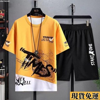 【🚚低價🚚】限時熱賣 夏季短袖T恤新款冰絲短褲套裝男潮流時尚百搭寬鬆學生上衣兩件套 短袖T恤 男T恤 純棉T恤 印花