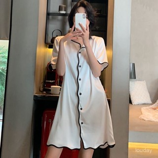 【春夏家居服】冰絲睡裙女白色絲綢短袖開衫寬鬆中長模擬絲性感睡衣 女生家居服 涼感睡衣 夏天冰絲睡衣 非胸墊睡衣 韓係女裝