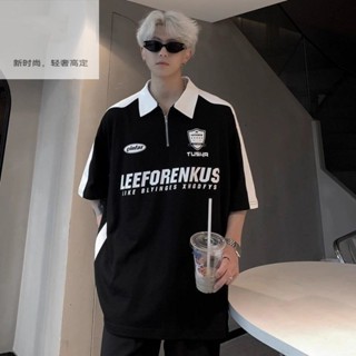 #Mr.Gu#短袖T恤男 大碼上衣男士 夏季男生衣服 美式ins高街拉鏈polo衫短袖體恤男夏季港風寬松撞色情侶半袖上衣