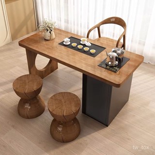【雅居生活】陽臺茶桌椅組閤小型家用茶臺燒水壺一體奶油風高階實木陽臺泡茶桌
